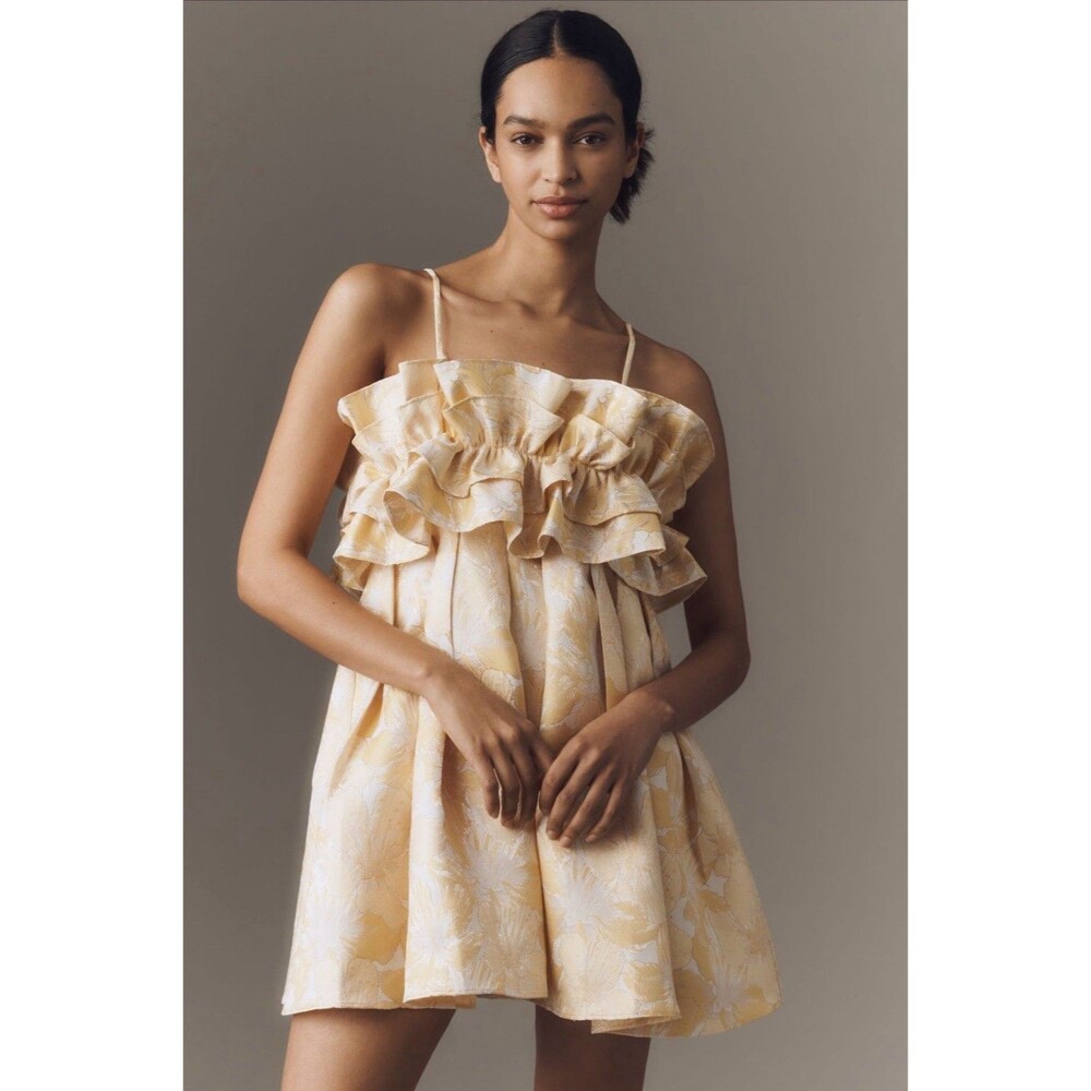 Anthropologie Aureta Mini Dress Gold Strapless Drama Ruffle Retro Medium NWT